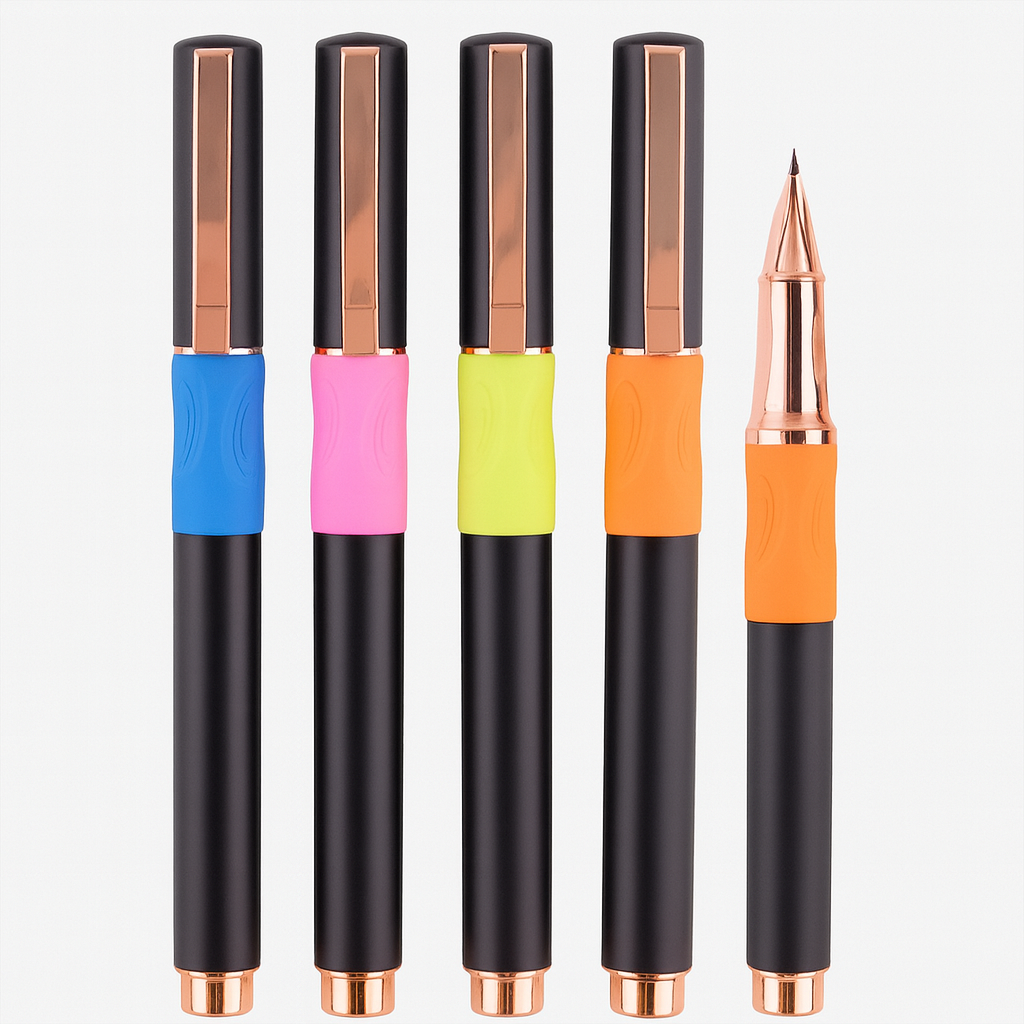 Sunyale Ergonomic Pens with Neon Comfort Grip & Rose Gold Accents | Full OEM/ODM Services